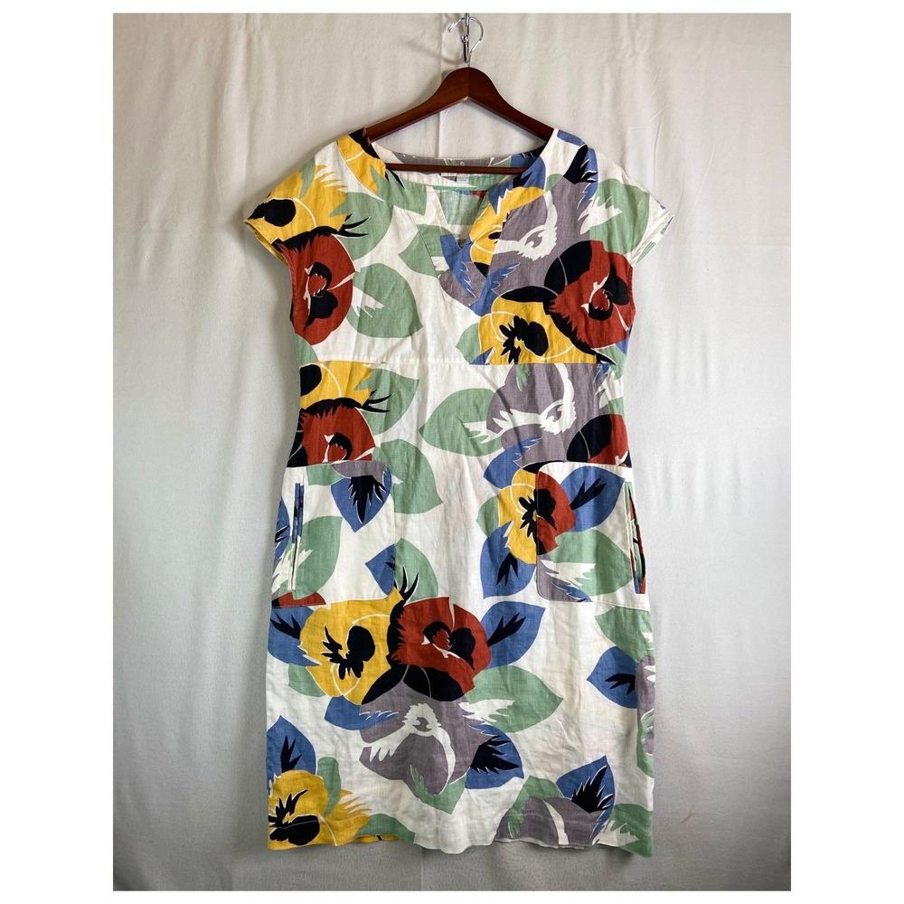 Boden Floral Linen Shift Dress Multicolor V-Neck Pockets US 8L Resort Lagenlook